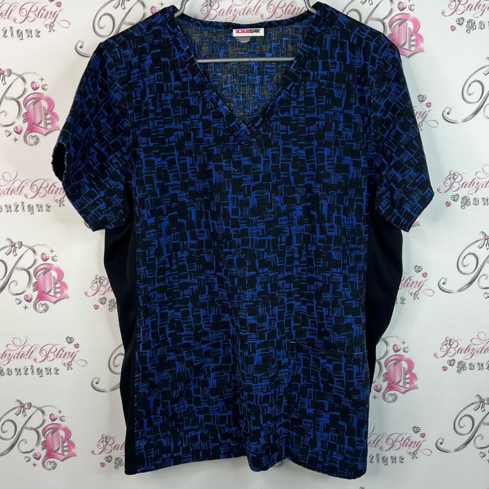 Scrubstar tshirt tee abstract black Geometric Blue Top scrubs shirt Vneck